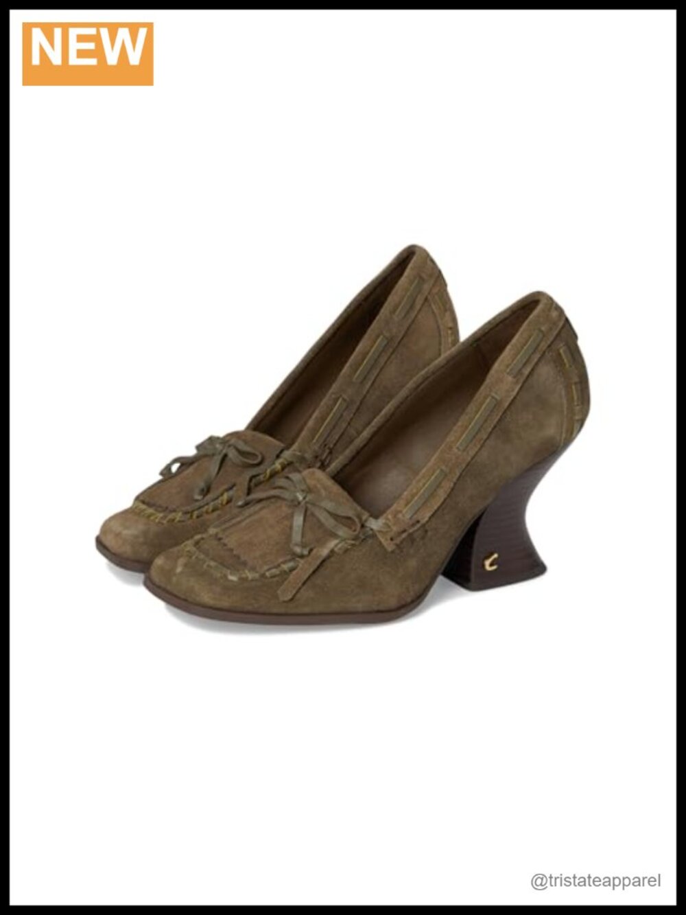 Womens Suede Block Heel Square Toe Pull-On Pumps with Fringe Detail